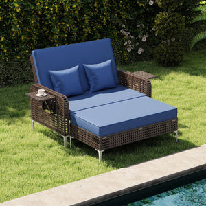 2 Piece Patio Rattan Daybed Wicker Loveseat and Ottoman with Adjustable Backrest-Navy