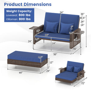 2 Piece Patio Rattan Daybed Wicker Loveseat and Ottoman with Adjustable Backrest-Navy