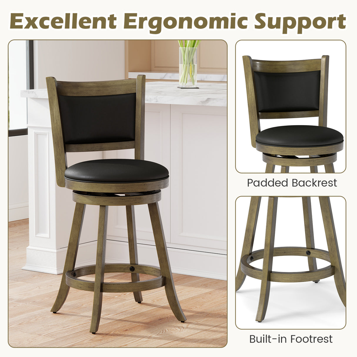 2 Pieces 24 Inch Swivel Counter Stool Dining Chair Upholstered Seat-Gray