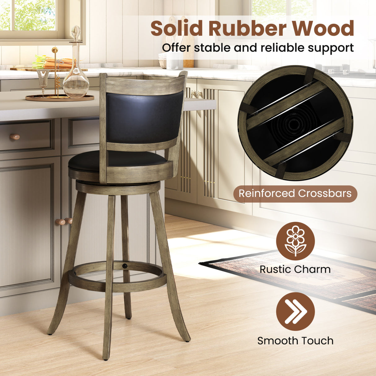 2 Pieces 29 Inch Wooden Swivel Height Bar Stool with PVC Cushioned Seat-Gray