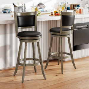 2 Pieces 29 Inch Wooden Swivel Height Bar Stool with PVC Cushioned Seat-Gray