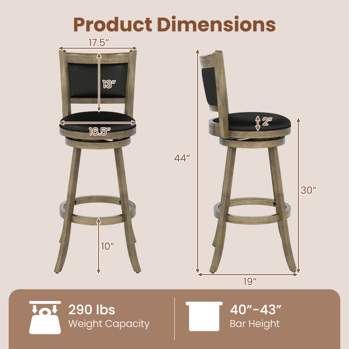 2 Pieces 29 Inch Wooden Swivel Height Bar Stool with PVC Cushioned Seat-Gray