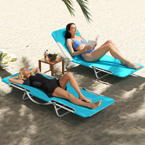 2 Pieces 5-position Lay Flat Beach Recliner with Carry Strap and Metal Frame-Navy