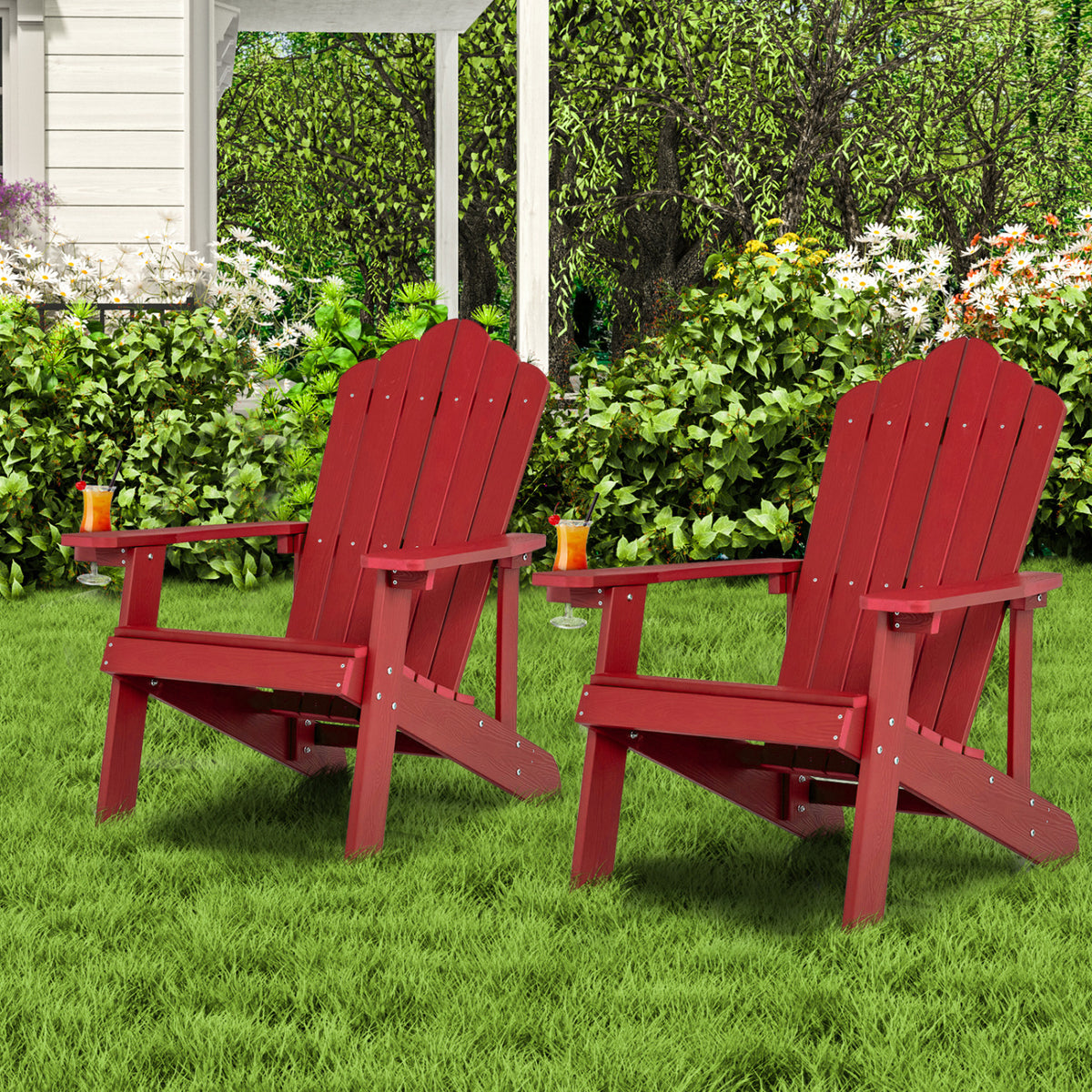 2 Pieces Adirondack Chair Set with Ergonomic Design for Porch and Backyard-Red
