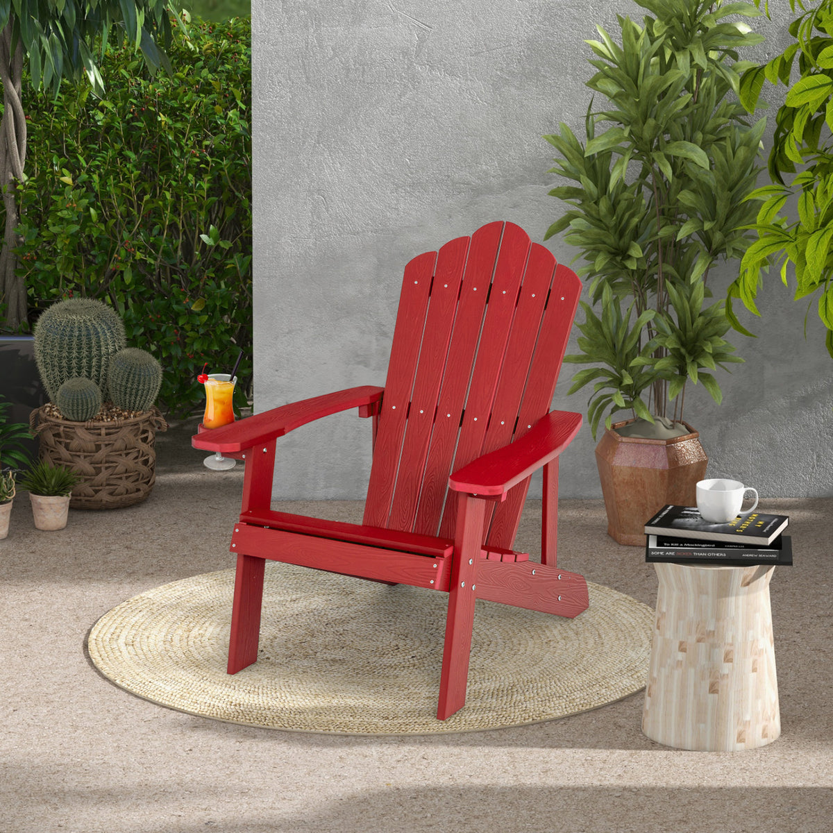2 Pieces Adirondack Chair Set with Ergonomic Design for Porch and Backyard-Red