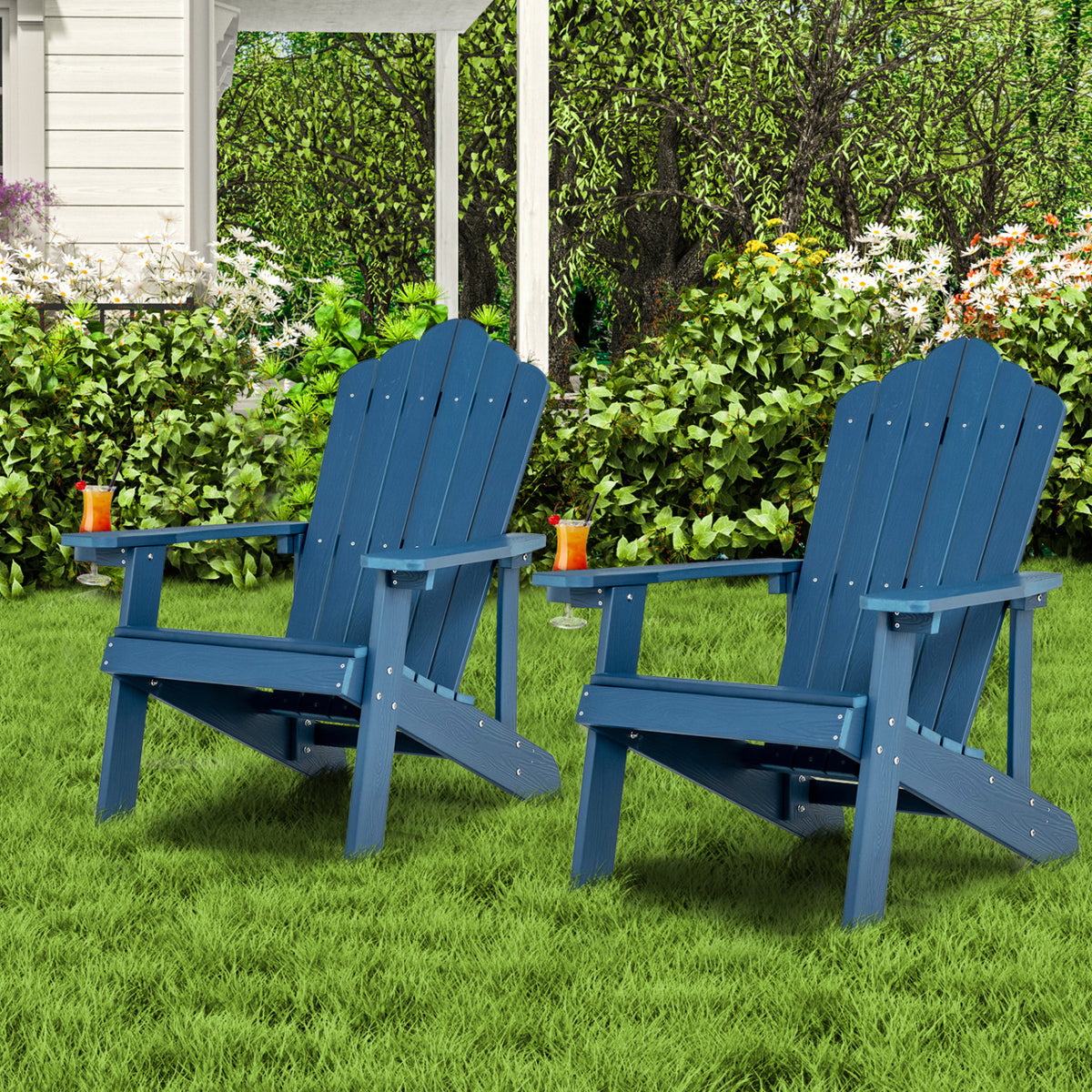 2 Pieces Adirondack Chair Set with Ergonomic Design for Porch and Backyard-Navy