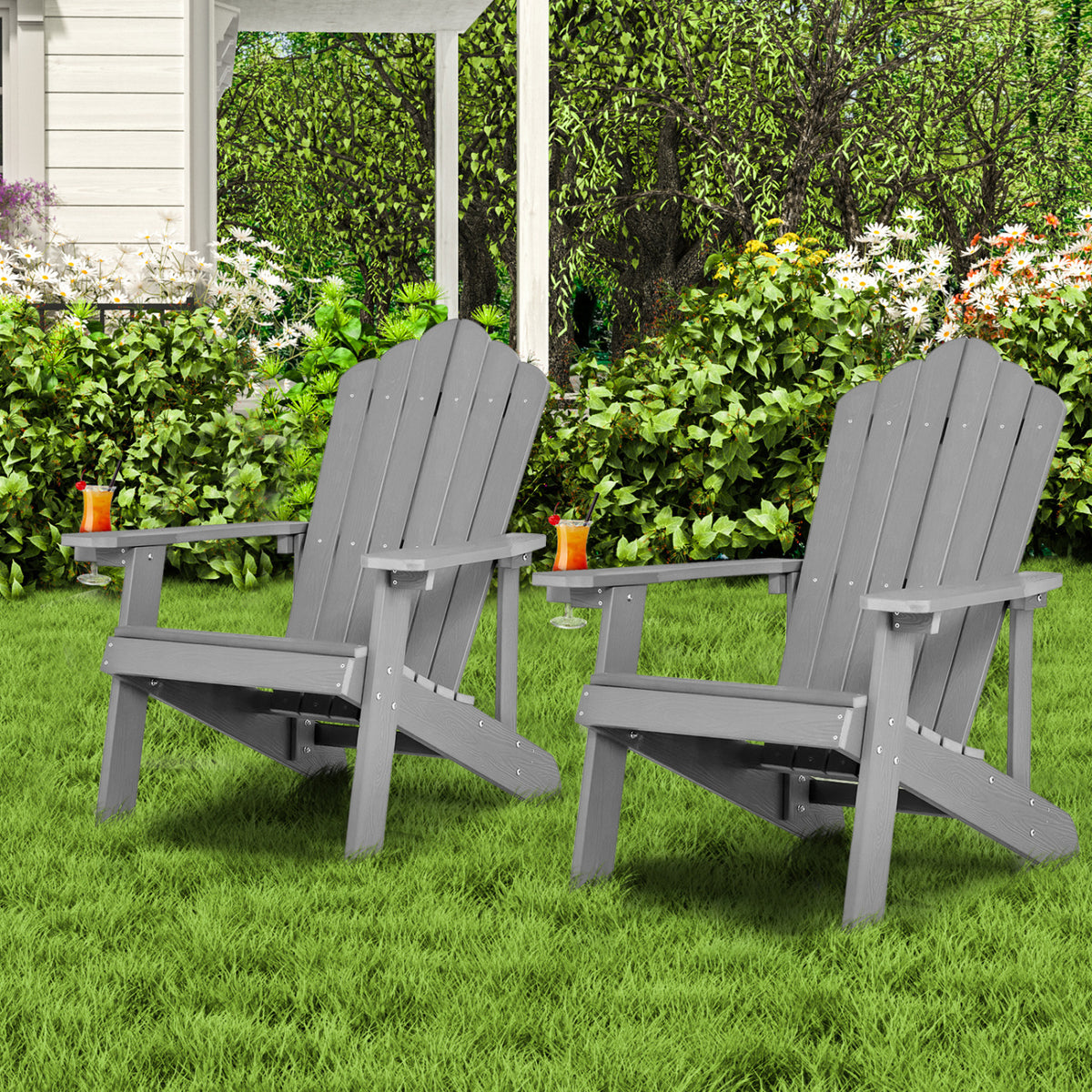 2 Pieces Adirondack Chair Set with Ergonomic Design for Porch and Backyard-Silver