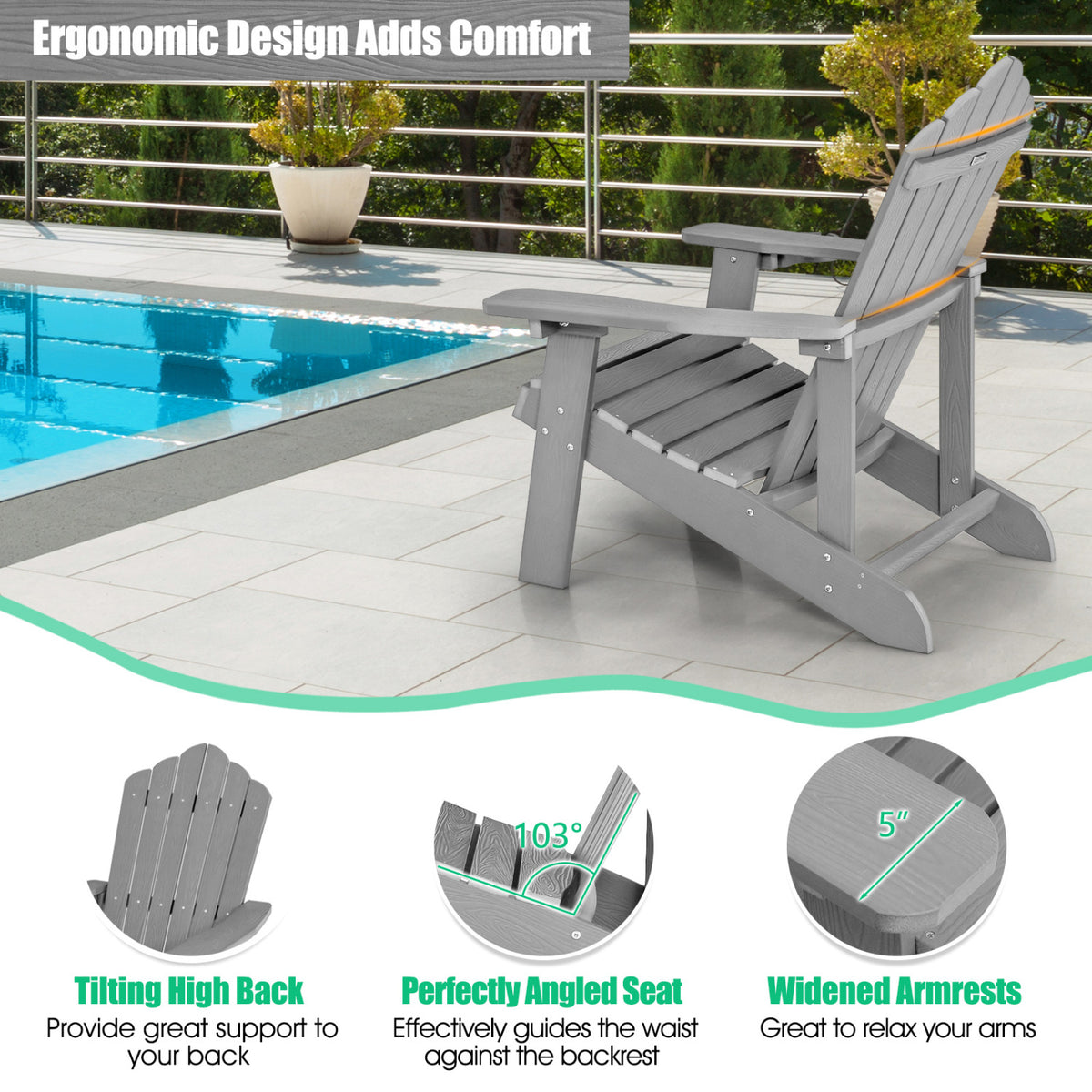 2 Pieces Adirondack Chair Set with Ergonomic Design for Porch and Backyard-Silver