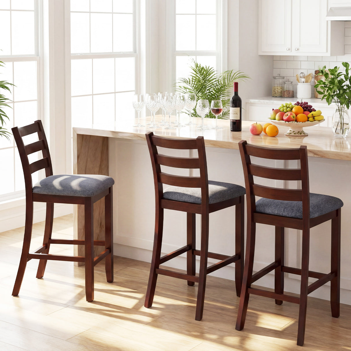 2 Pieces Counter Height Chairs with Fabric Seat and Rubber Wood Legs