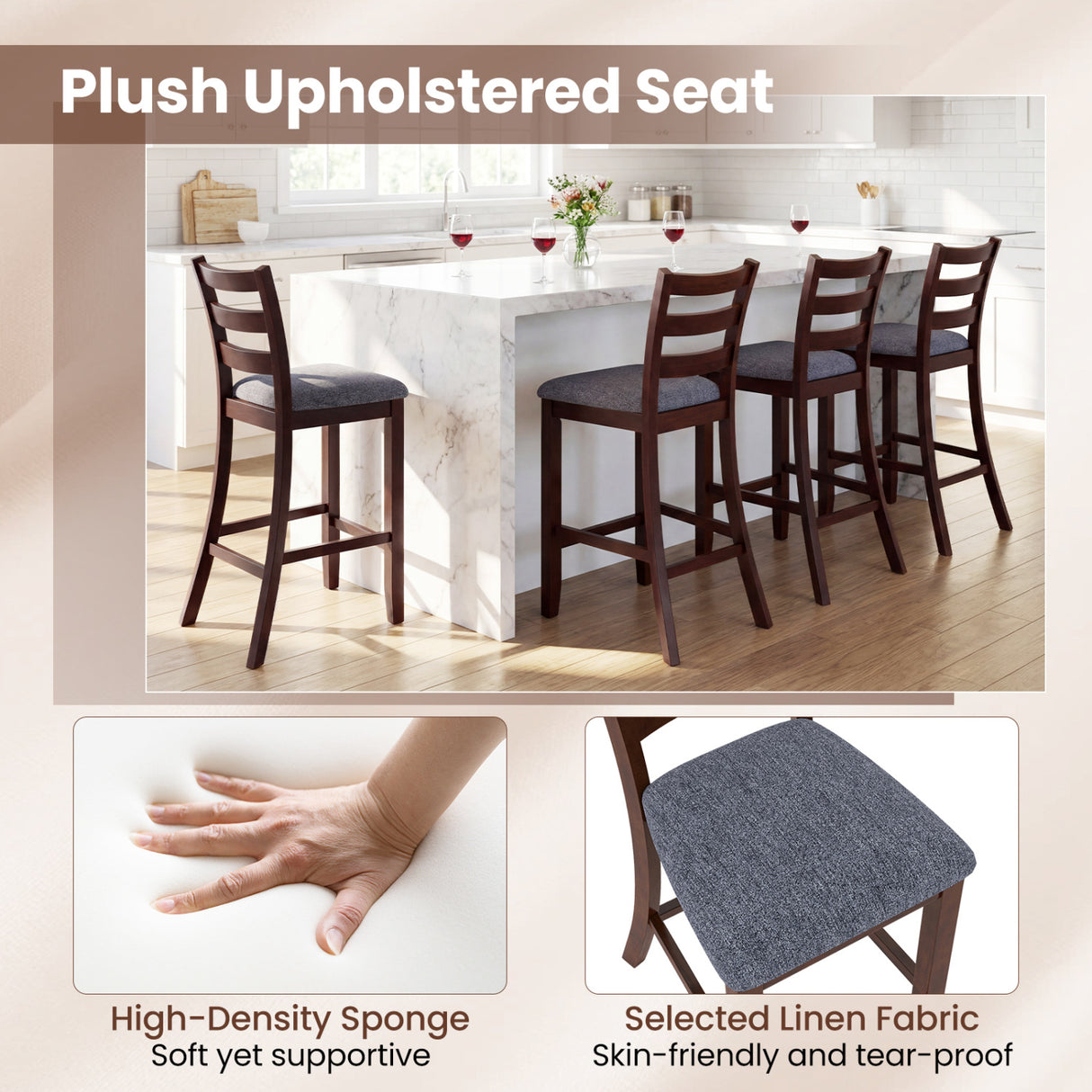2 Pieces Counter Height Chairs with Fabric Seat and Rubber Wood Legs