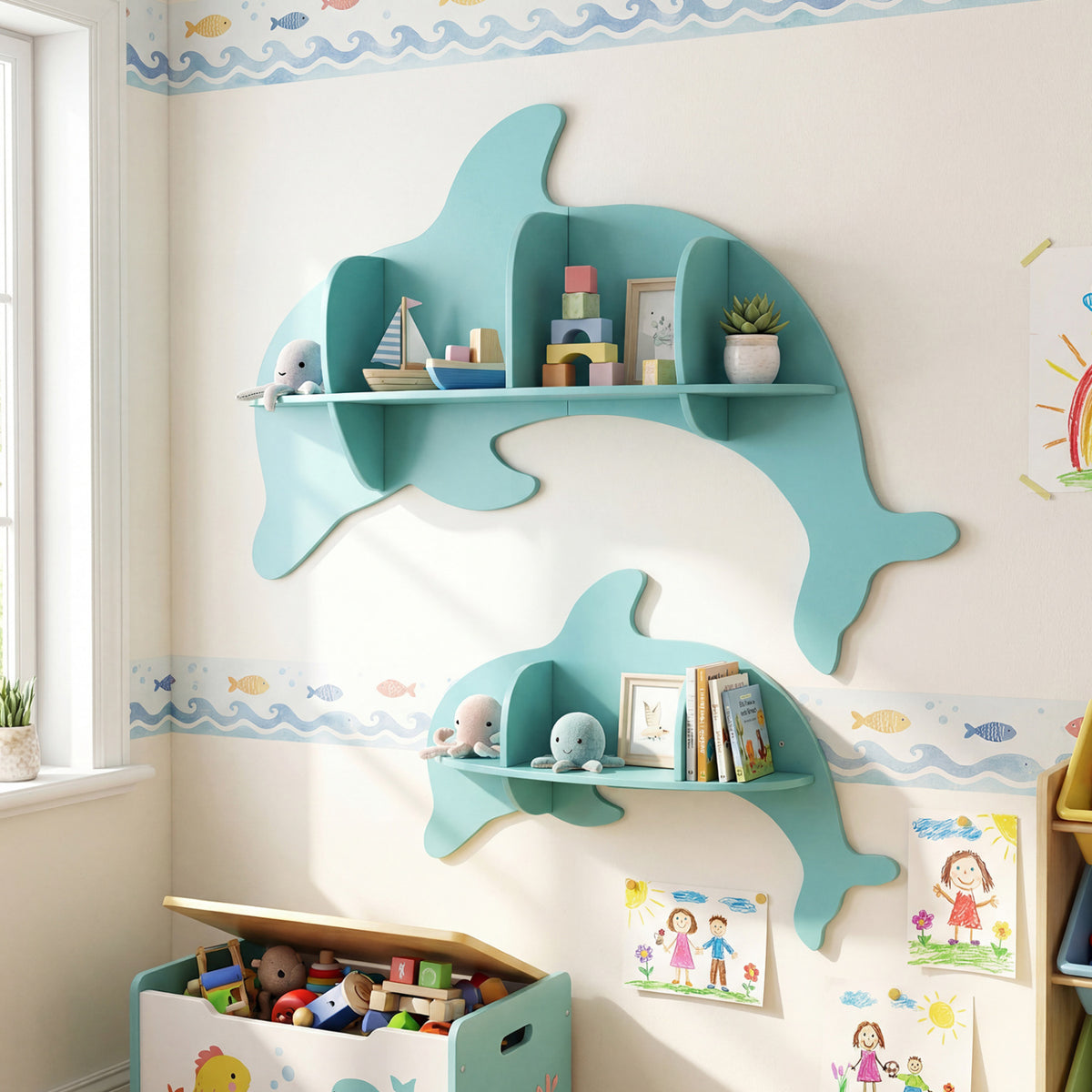 Floating Dolphin Shelves Wall Mounted Storage Display Rack-Blue