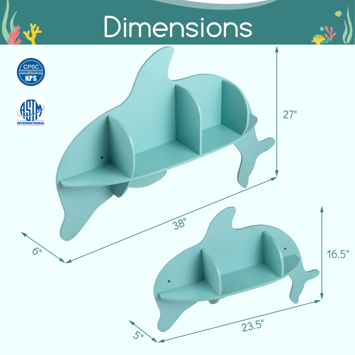 Floating Dolphin Shelves Wall Mounted Storage Display Rack-Blue