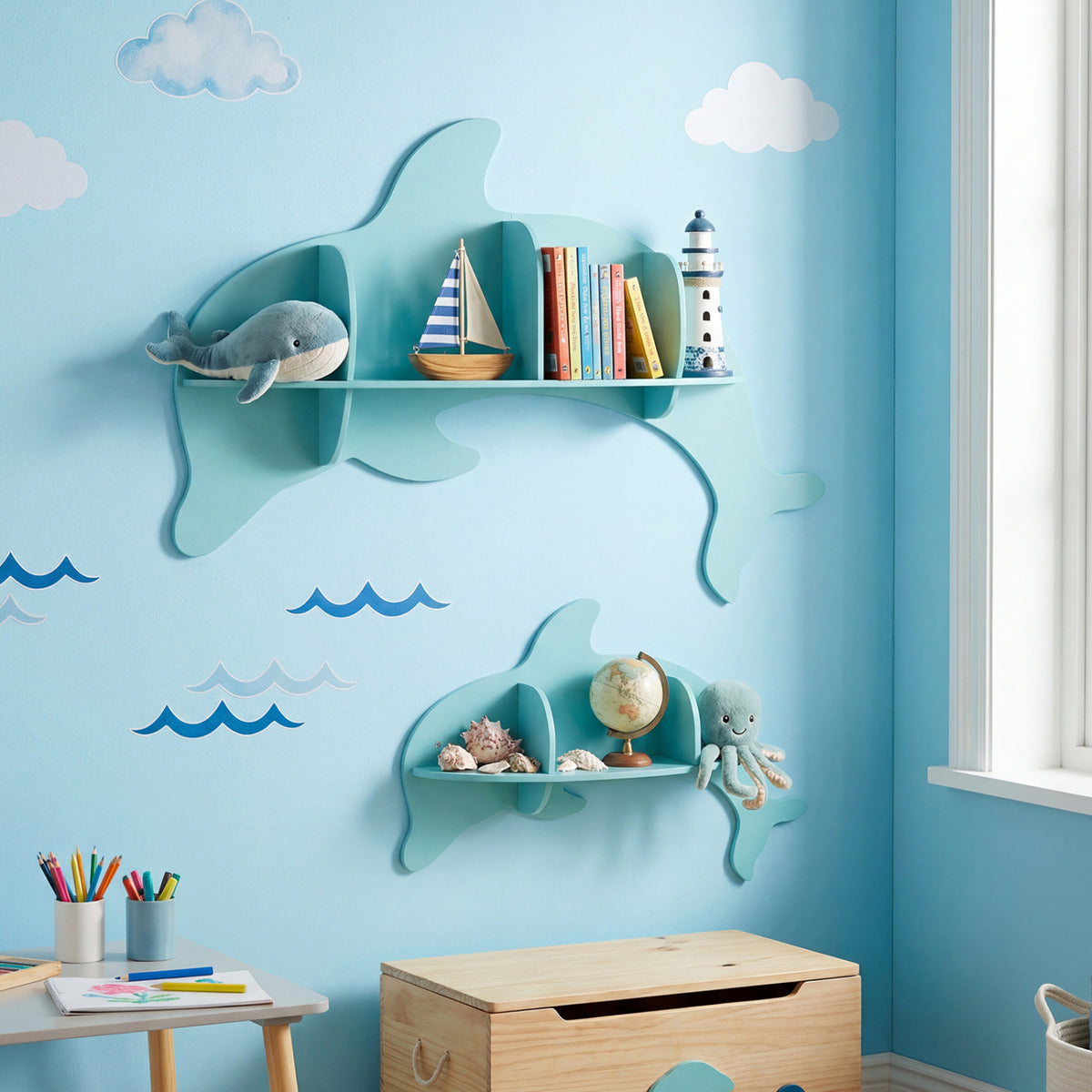 Floating Dolphin Shelves Wall Mounted Storage Display Rack-Blue