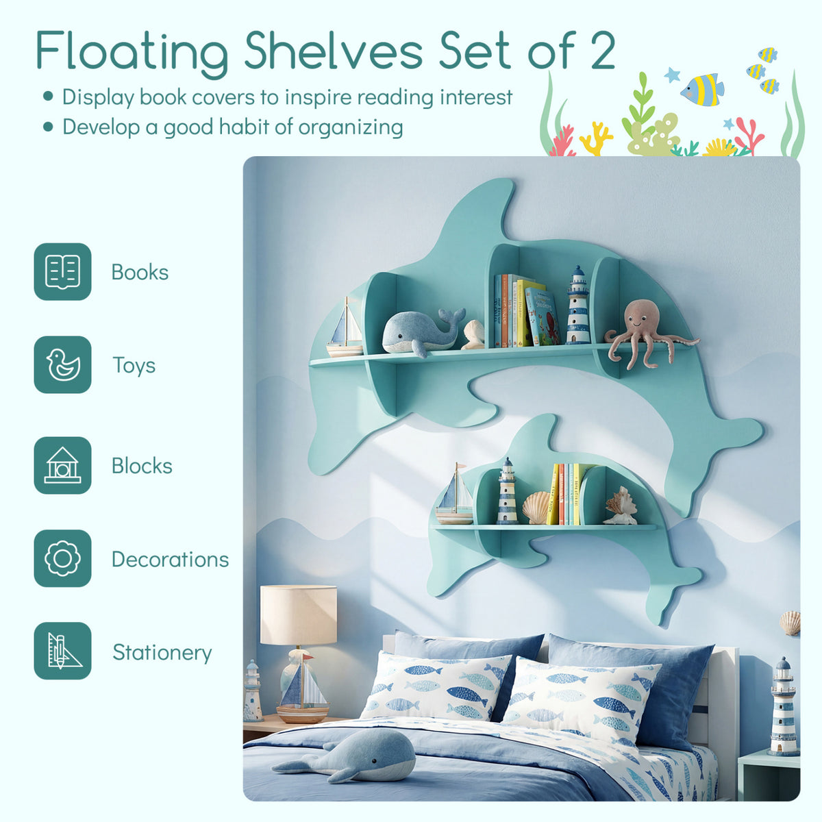Floating Dolphin Shelves Wall Mounted Storage Display Rack-Blue