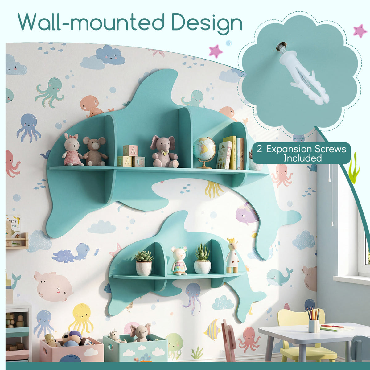 Floating Dolphin Shelves Wall Mounted Storage Display Rack-Blue