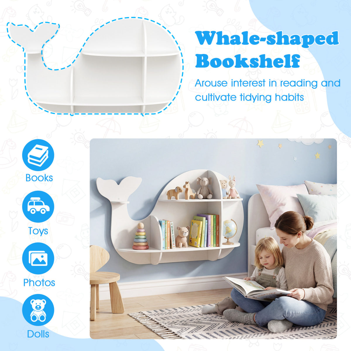 Floating Dolphin Shelves Wall Mounted Storage Display Rack-White