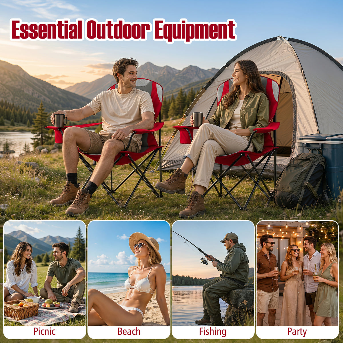 2 Pieces Folding Camping Chairs for Adults with Cup Holders-Red