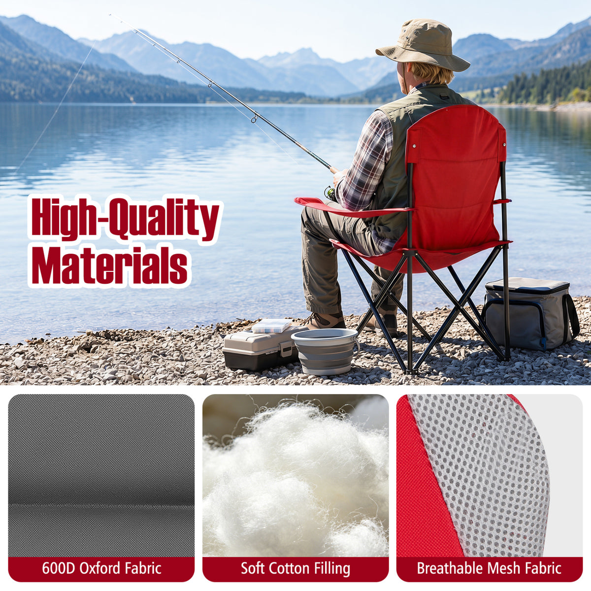 2 Pieces Folding Camping Chairs for Adults with Cup Holders-Red