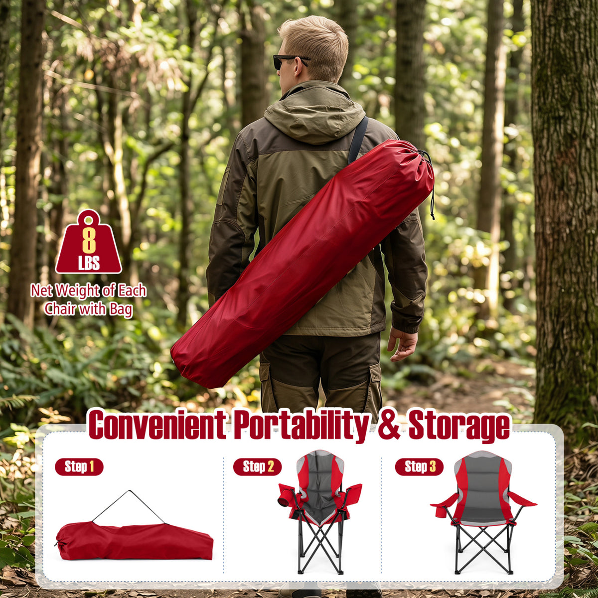 2 Pieces Folding Camping Chairs for Adults with Cup Holders-Red