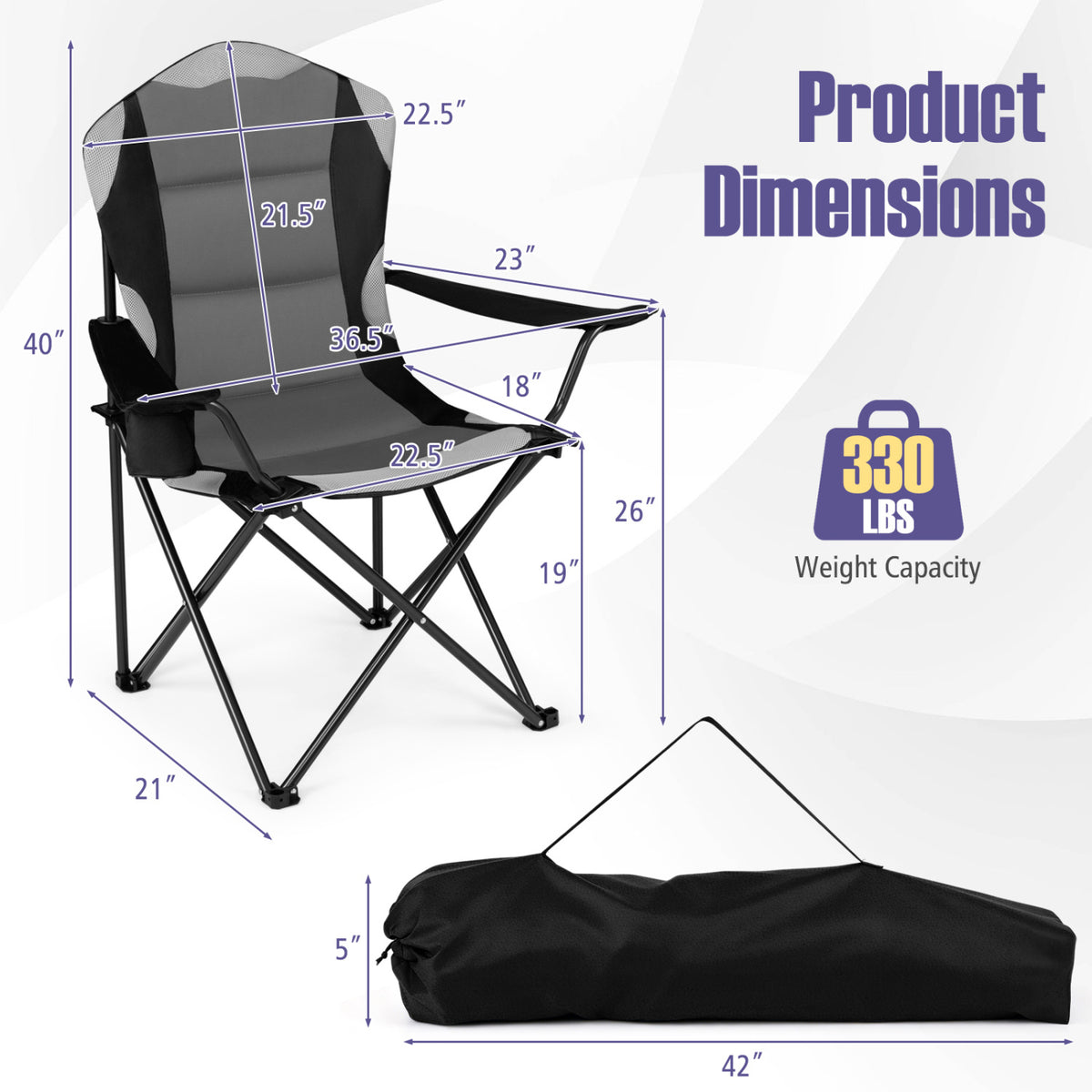 2 Pieces Folding Camping Chairs for Adults with Cup Holders-Black