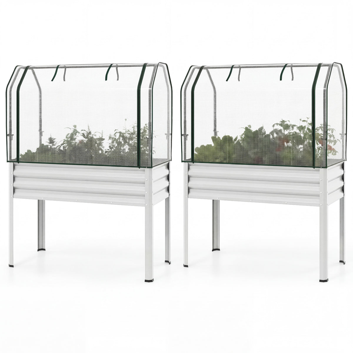 2 Pieces Galvanized Raised Garden Bed with Legs and Greenhouse Cover for Vegetable Flower-Silver