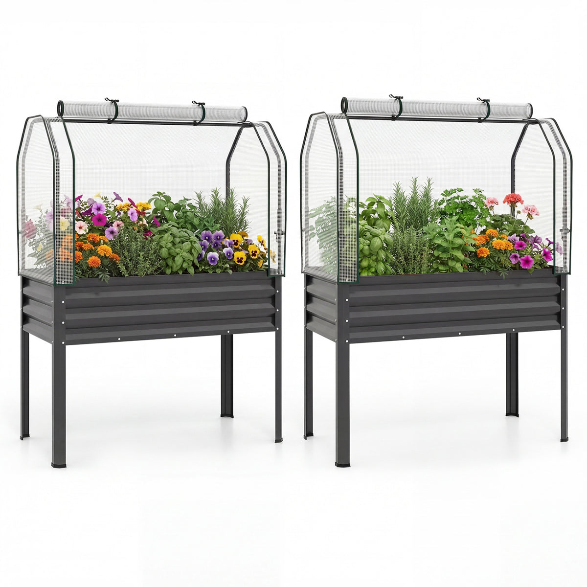 2 Pieces Galvanized Raised Garden Bed with Legs and Greenhouse Cover for Vegetable Flower-Gray