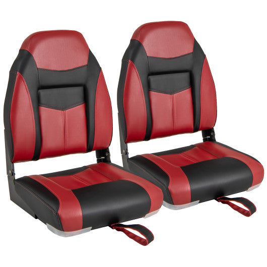 2 Pieces High Back Folding Boat Seat Set with Sponge Cushion-Red