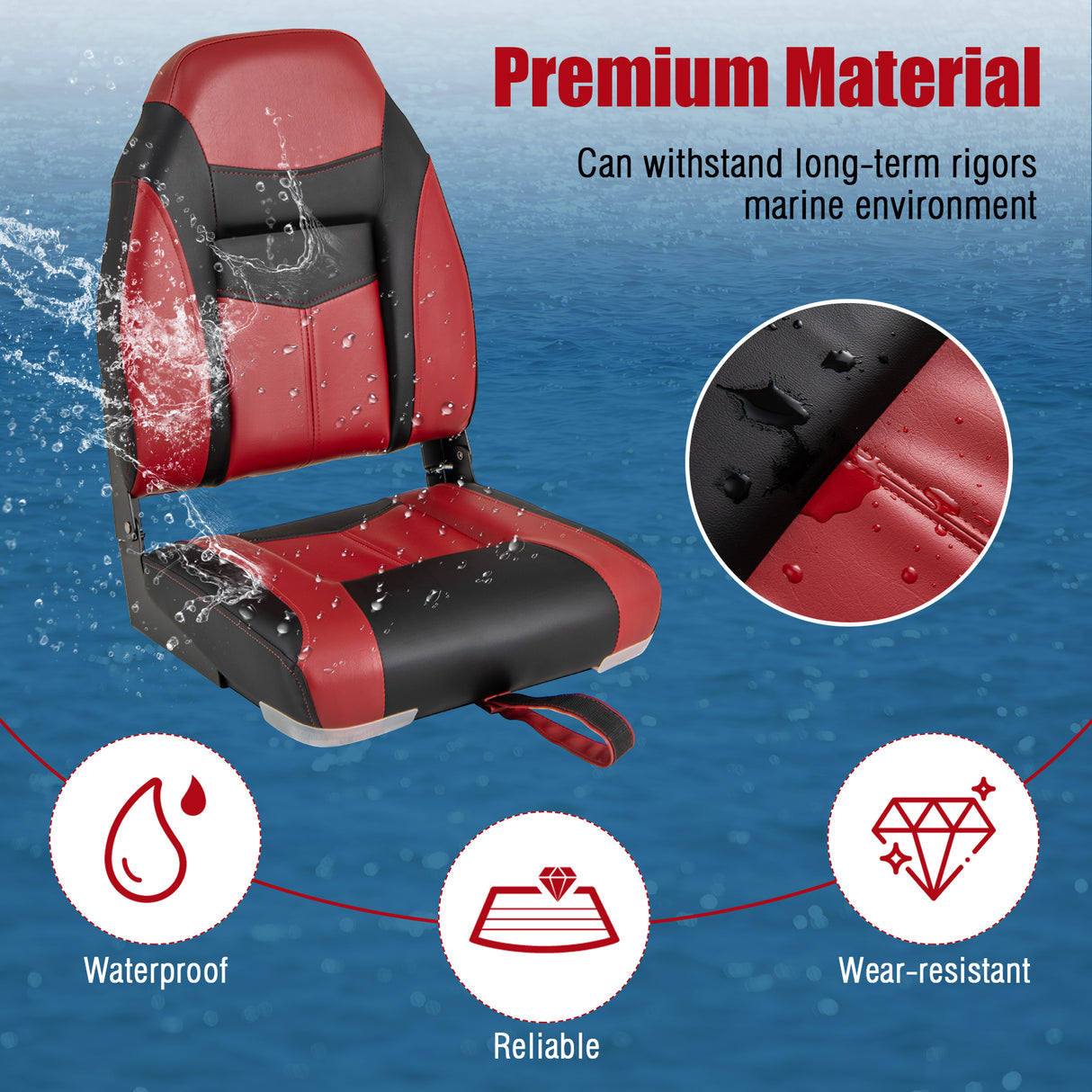 2 Pieces High Back Folding Boat Seat Set with Sponge Cushion-Red