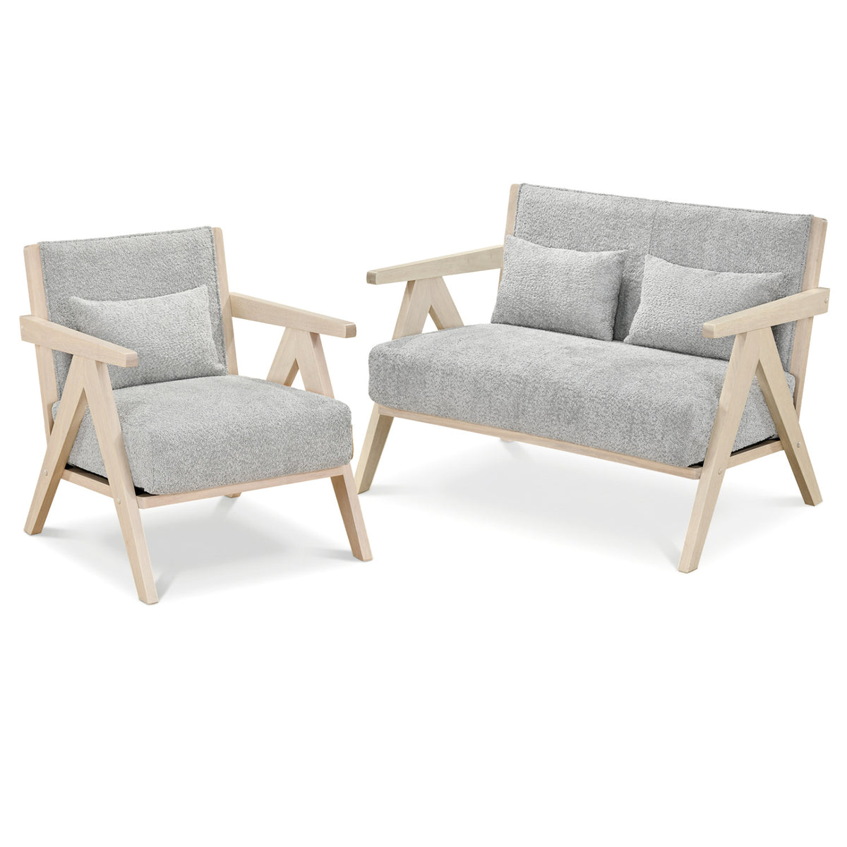 2 Pieces Living Room Furniture Set with Rubber Wood Frame-Gray
