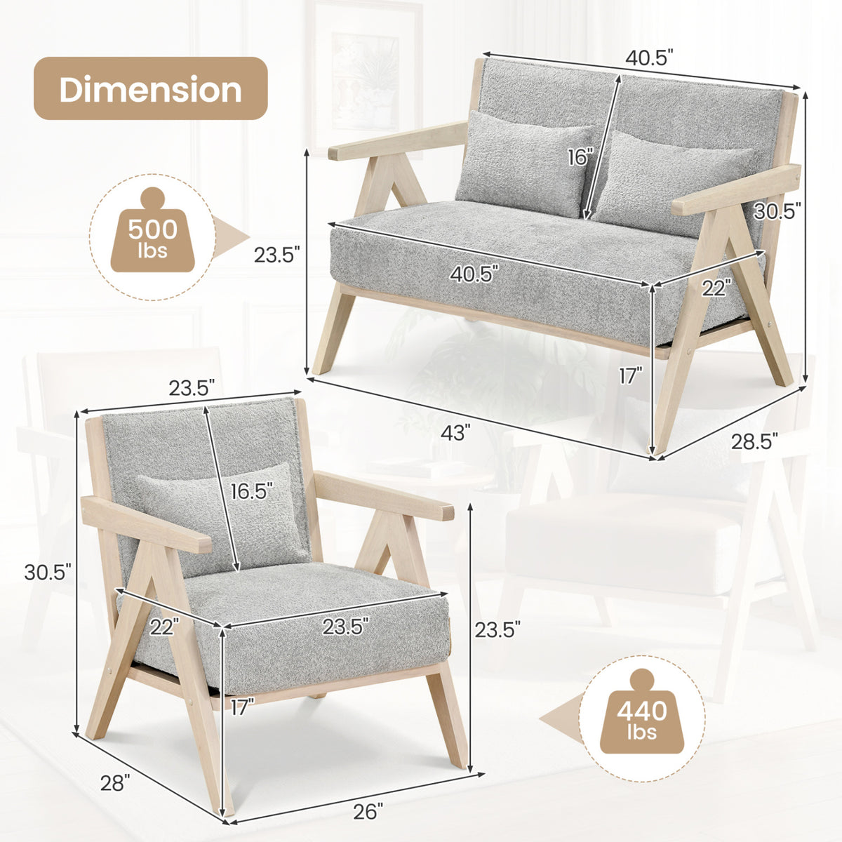 2 Pieces Living Room Furniture Set with Rubber Wood Frame-Gray