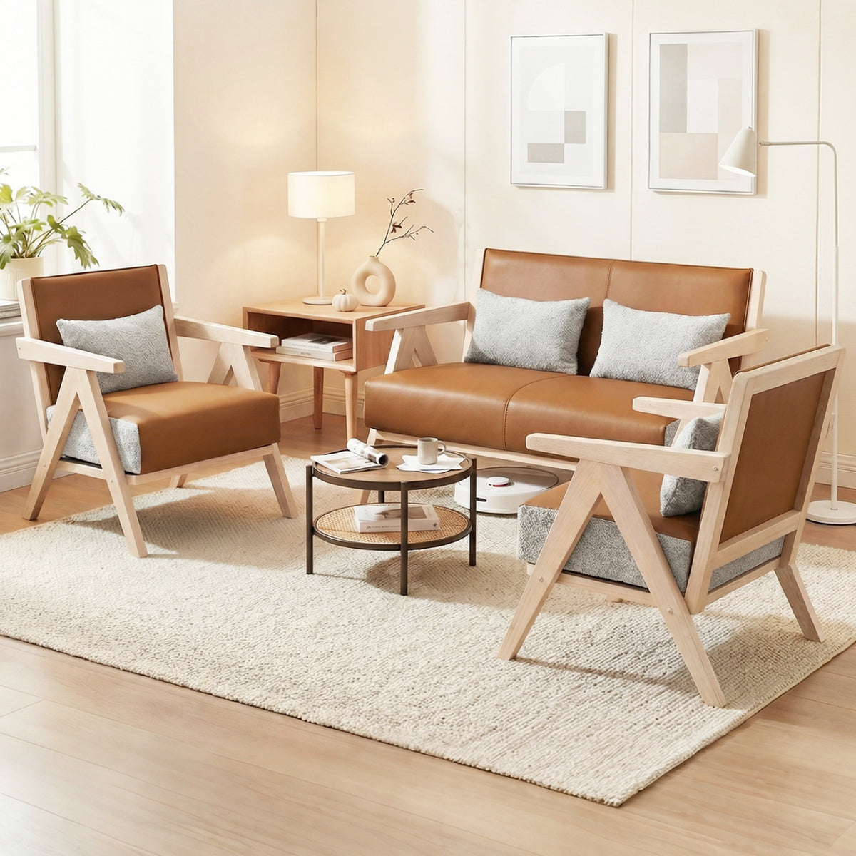 2 Pieces Living Room Furniture Set with Rubber Wood Frame-Brown
