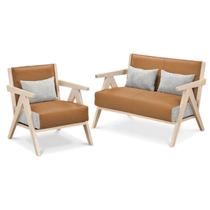 2 Pieces Living Room Furniture Set with Rubber Wood Frame-Brown