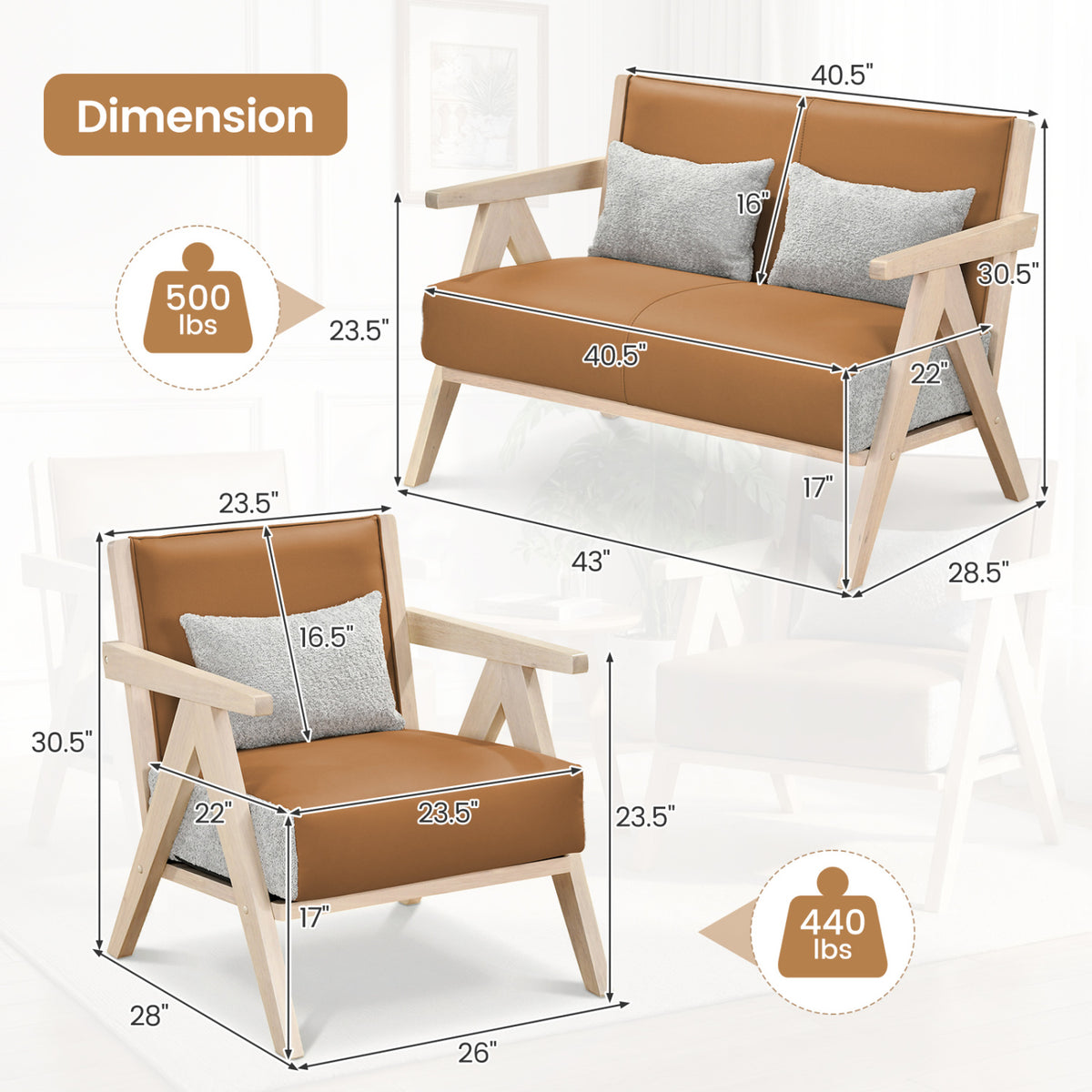 2 Pieces Living Room Furniture Set with Rubber Wood Frame-Brown