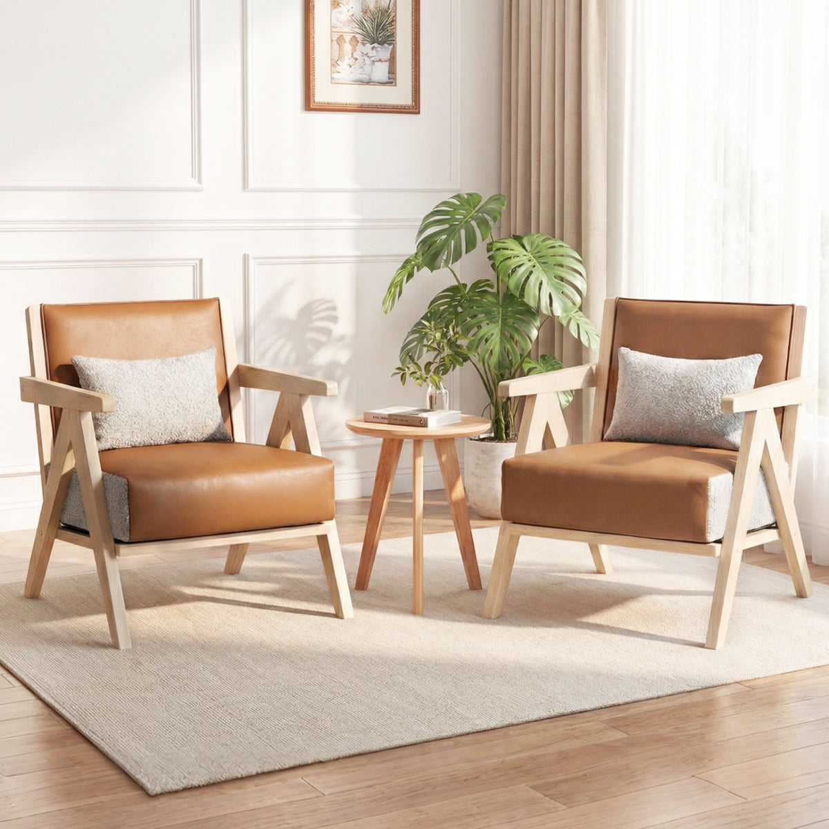2 Pieces Living Room Furniture Set with Rubber Wood Frame-Brown