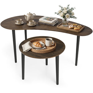 2 Pieces Mid Century Nesting Tables with Rubber Wood Legs-Walnut