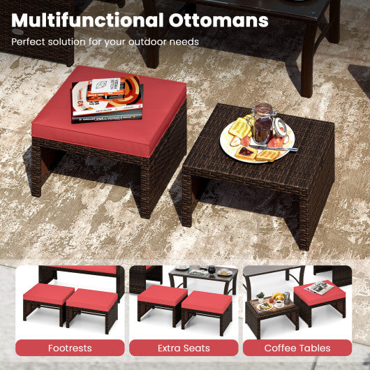 Multipurpose Outdoor 2 Pieces Patio PE Rattan Ottomans Footstool-Red