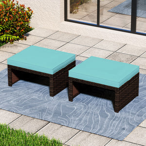 Multipurpose Outdoor 2 Pieces Patio PE Rattan Ottomans Footstool-Turquoise