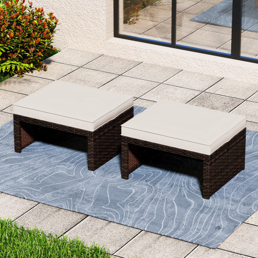 Multipurpose Outdoor 2 Pieces Patio PE Rattan Ottomans Footstool-White