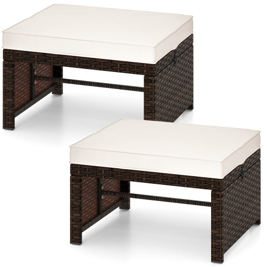 Multipurpose Outdoor 2 Pieces Patio PE Rattan Ottomans Footstool-White