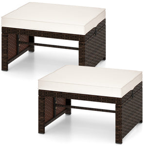 Multipurpose Outdoor 2 Pieces Patio PE Rattan Ottomans Footstool-White
