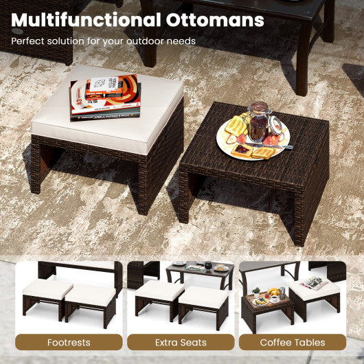 Multipurpose Outdoor 2 Pieces Patio PE Rattan Ottomans Footstool-White