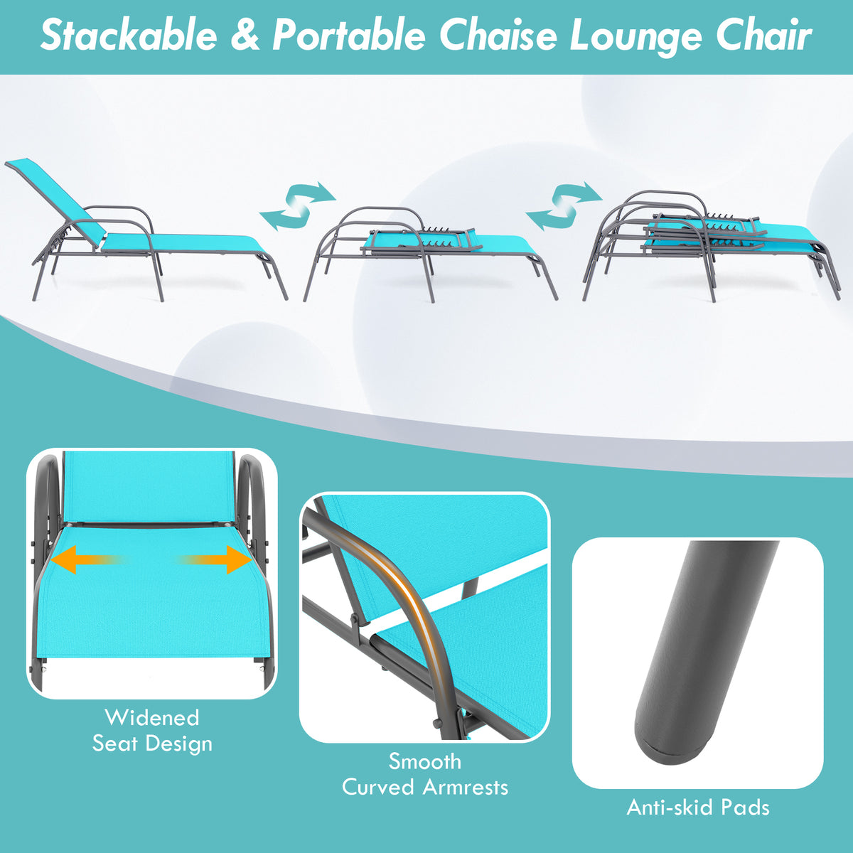 2 Pieces Outdoor Patio Lounge Chair Chaise Fabric with Adjustable Reclining Armrest-Turquoise