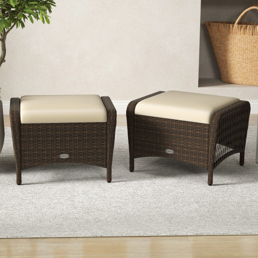 Set of 2 Outdoor Patio PE Wicker Ottomans with Removable Cushions-Beige