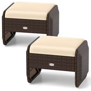 2 Pieces Outdoor Patio PE Wicker Ottomans with Removable Cushions-Brown