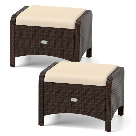 2 Pieces Outdoor Patio PE Wicker Ottomans with Removable Cushions-Beige