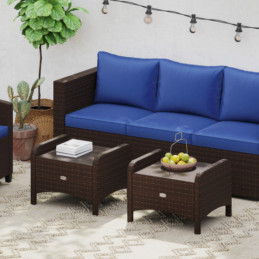 2 Pieces Outdoor Patio PE Wicker Ottomans with Removable Cushions-Navy