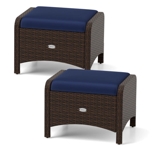 2 Pieces Outdoor Patio PE Wicker Ottomans with Removable Cushions-Navy