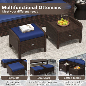 2 Pieces Outdoor Patio PE Wicker Ottomans with Removable Cushions-Navy