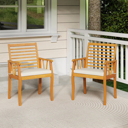 2 Pieces Patio Dining Chairs Outdoor Acacia Wood Armchairs Bistro Conversation Furniture-White