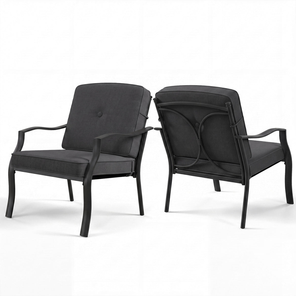 2 Pieces Patio Metal Chairs with Seat and Back Cushions for Yard-Black